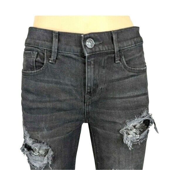 EXPRESS Jeans Women's 2 Skinny Legging Mid-Rise Black Distressing w Sequins - Picture 6 of 10